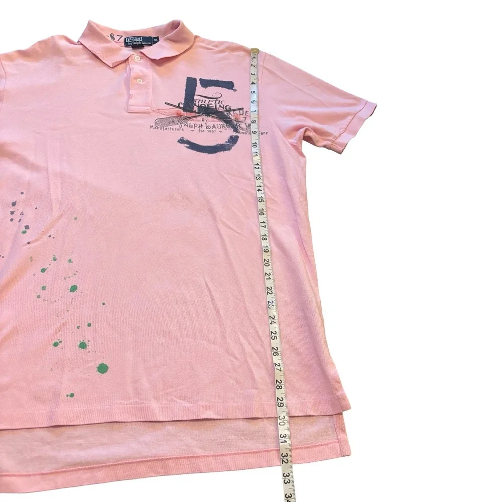 Polo Ralph Lauren Mens XL Pink Athletic Canoeing Graphic Paint Splatter Polo